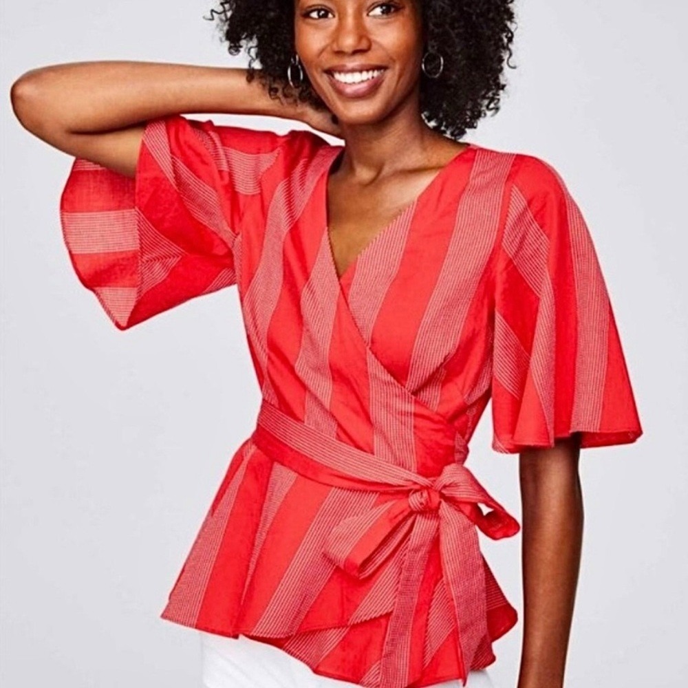 LOFT PLUS Wrap Top Women 24 Red Striped Short Sleeve V-Neck Casual Peplum